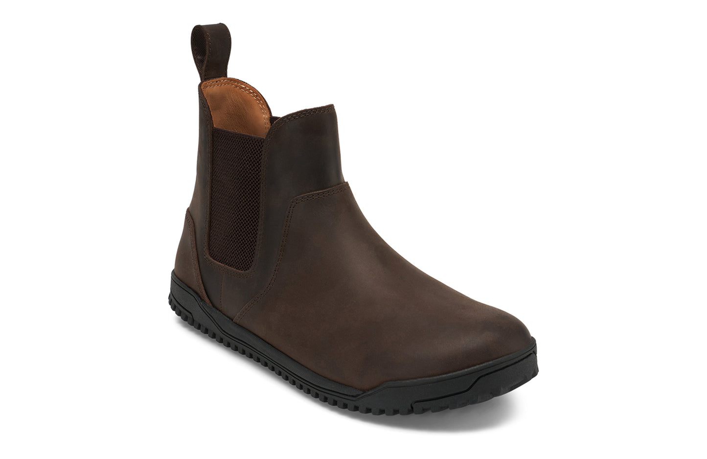 Xero Barefoot Shoes sold in Ontario, Canada. These minimalist shoes have flexible soles, wide toe boxes, and zero drop. Angled view of Men's Ridgeway Chelsea in Dark Brown, a versatile boot.