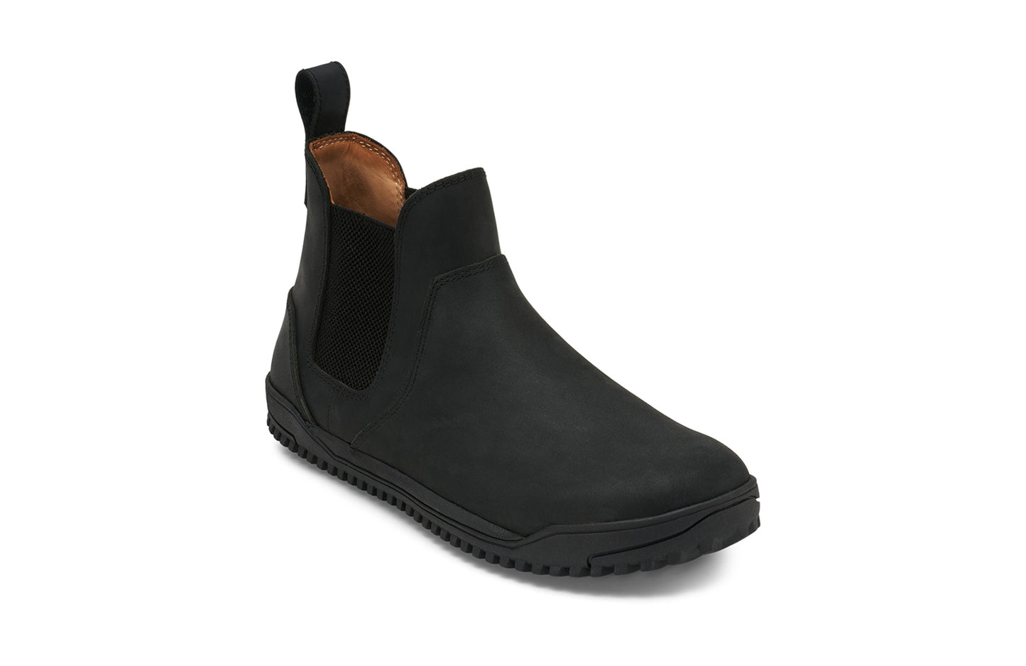Xero Barefoot Shoes sold in Ontario, Canada. These minimalist shoes have flexible soles, wide toe boxes, and zero drop. Angled view of Women's Ridgeway Chelsea in Black, a versatile boot.