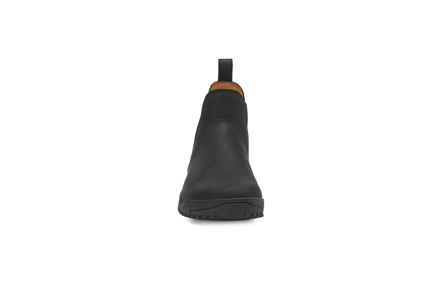 Xero Barefoot Shoes sold in Ontario, Canada. These minimalist shoes have flexible soles, wide toe boxes, and zero drop. Front view of Women's Ridgeway Chelsea in Black, a versatile boot.