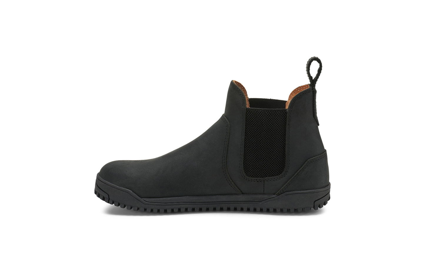 Xero Barefoot Shoes sold in Ontario, Canada. These minimalist shoes have flexible soles, wide toe boxes, and zero drop. Medial side view of Women's Ridgeway Chelsea in Black, a versatile boot.