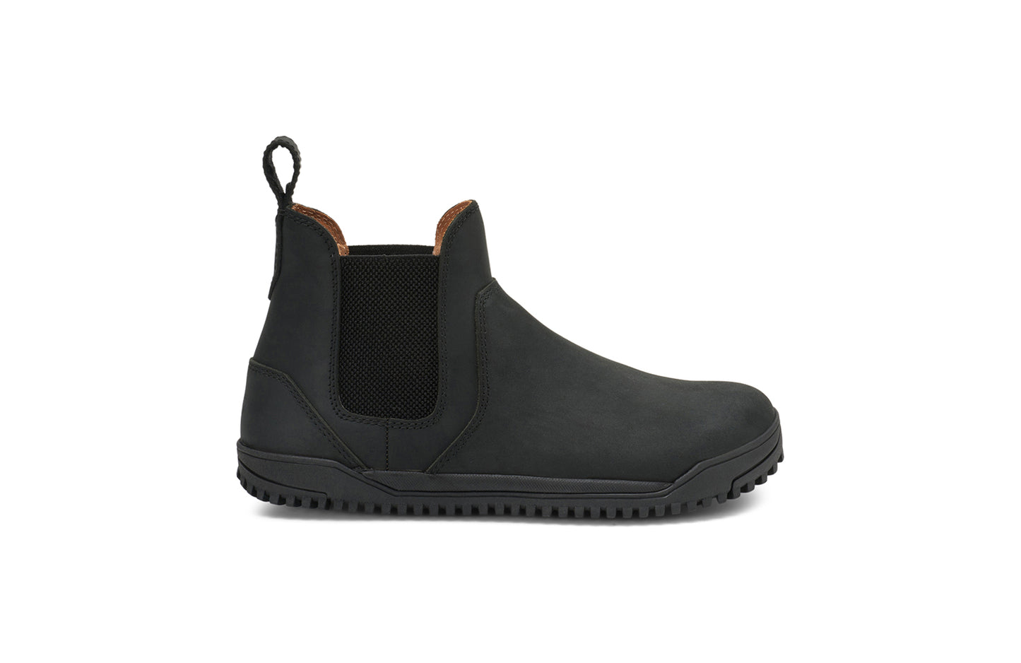 Xero Barefoot Shoes sold in Ontario, Canada. These minimalist shoes have flexible soles, wide toe boxes, and zero drop. Lateral side view of Women's Ridgeway Chelsea in Black, a versatile boot.
