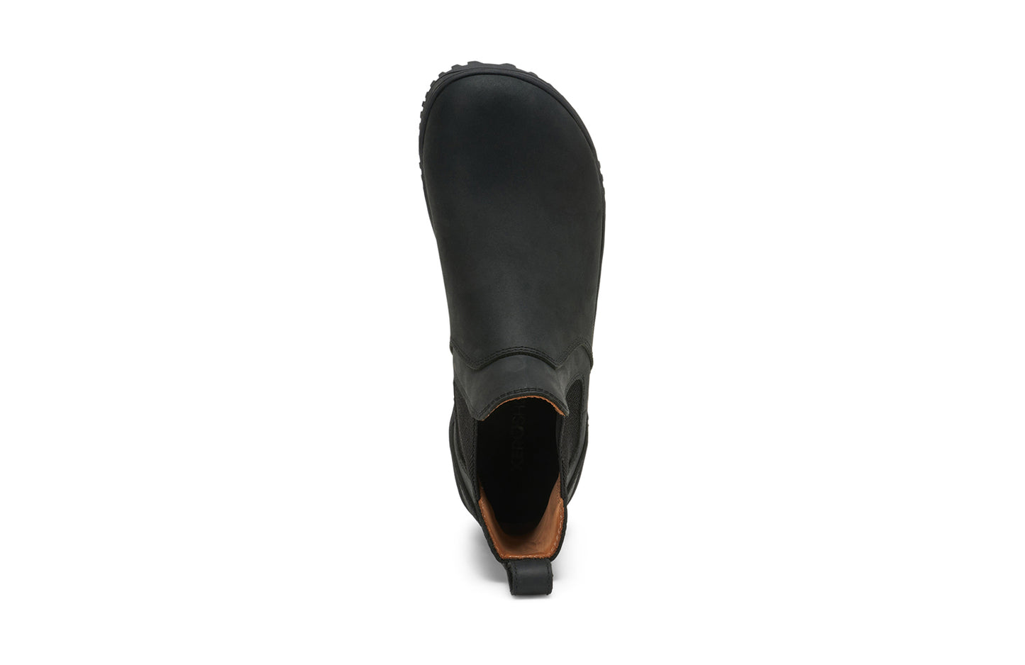 Xero Barefoot Shoes sold in Ontario, Canada. These minimalist shoes have flexible soles, wide toe boxes, and zero drop. Top view of Women's Ridgeway Chelsea in Black, a versatile boot.