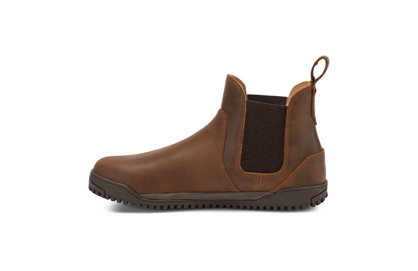 Xero Barefoot Shoes sold in Ontario, Canada. These minimalist shoes have flexible soles, wide toe boxes, and zero drop. Side view of Women's Ridgeway Chelsea in Brown, a versatile boot.