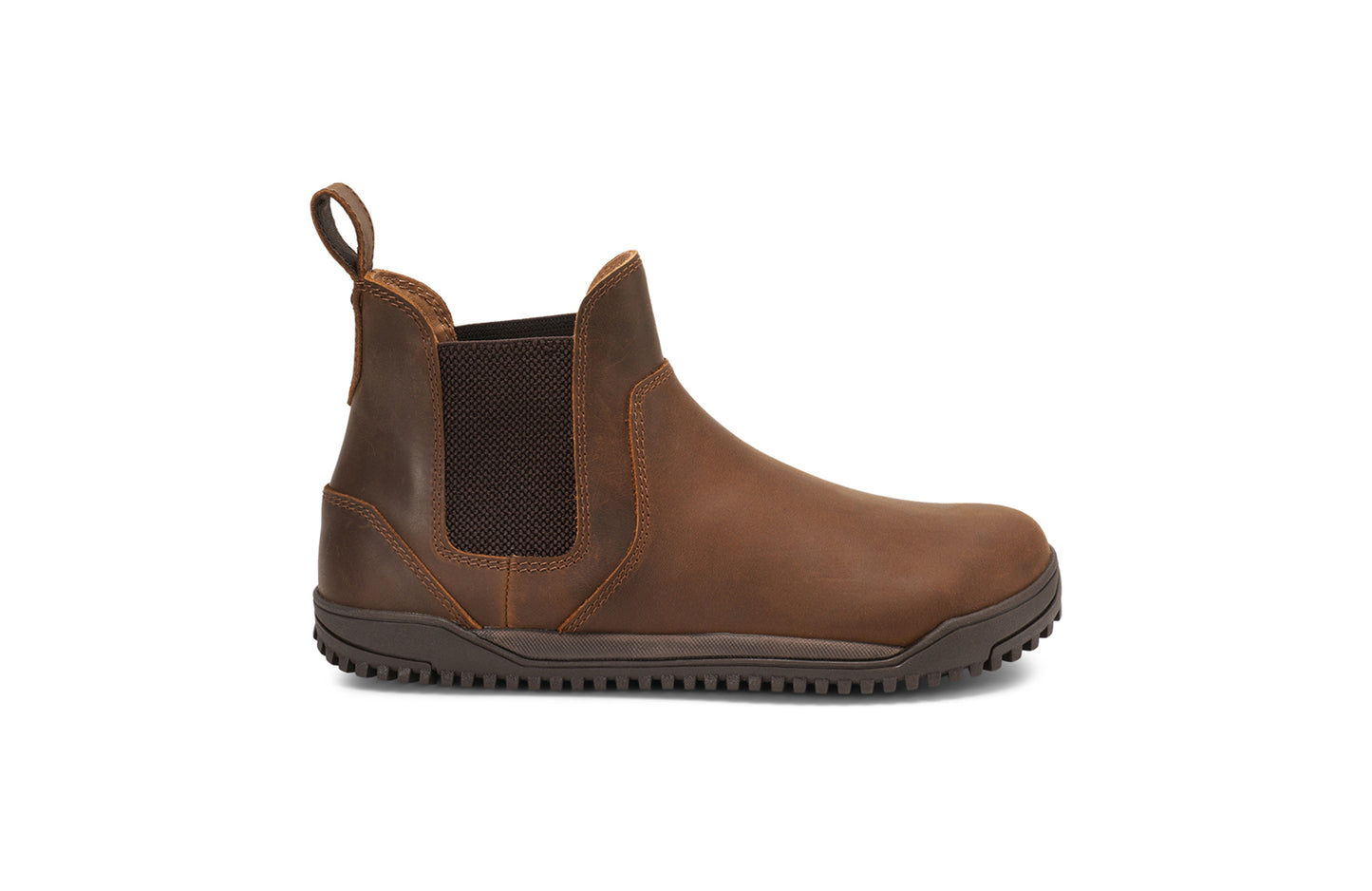 Xero Barefoot Shoes sold in Ontario, Canada. These minimalist shoes have flexible soles, wide toe boxes, and zero drop. Lateral side view of Women's Ridgeway Chelsea in Brown, a versatile boot.
