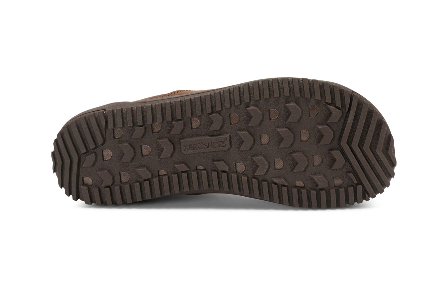 Xero Barefoot Shoes sold in Ontario, Canada. These minimalist shoes have flexible soles, wide toe boxes, and zero drop. Sole view of Women's Ridgeway Chelsea in Brown, a versatile boot.