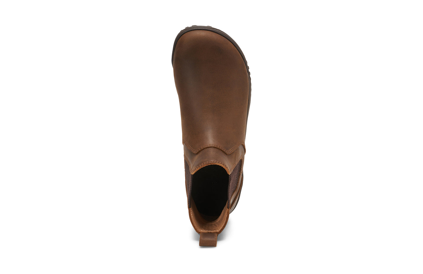 Xero Barefoot Shoes sold in Ontario, Canada. These minimalist shoes have flexible soles, wide toe boxes, and zero drop. Top view of Women's Ridgeway Chelsea in Brown, a versatile boot.