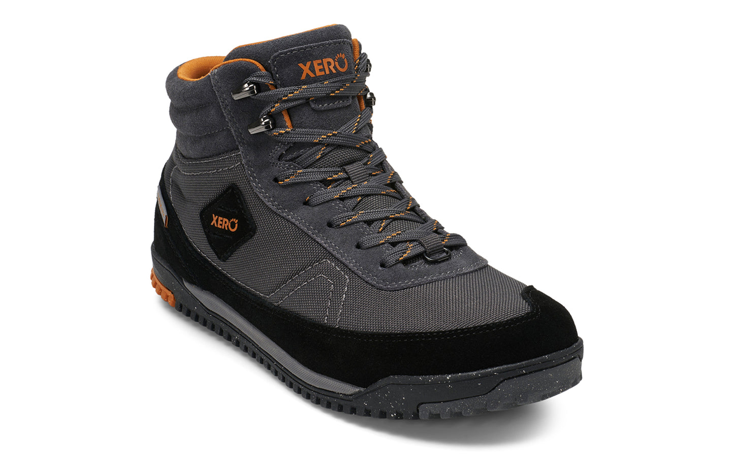Xero Barefoot Shoes sold in Ontario, Canada. These minimalist shoes have flexible soles, wide toe boxes, and zero drop. Angled view of Xero Men's Ridgeway in Black/Asphalt. Retro-Inspired waterproof hiker.