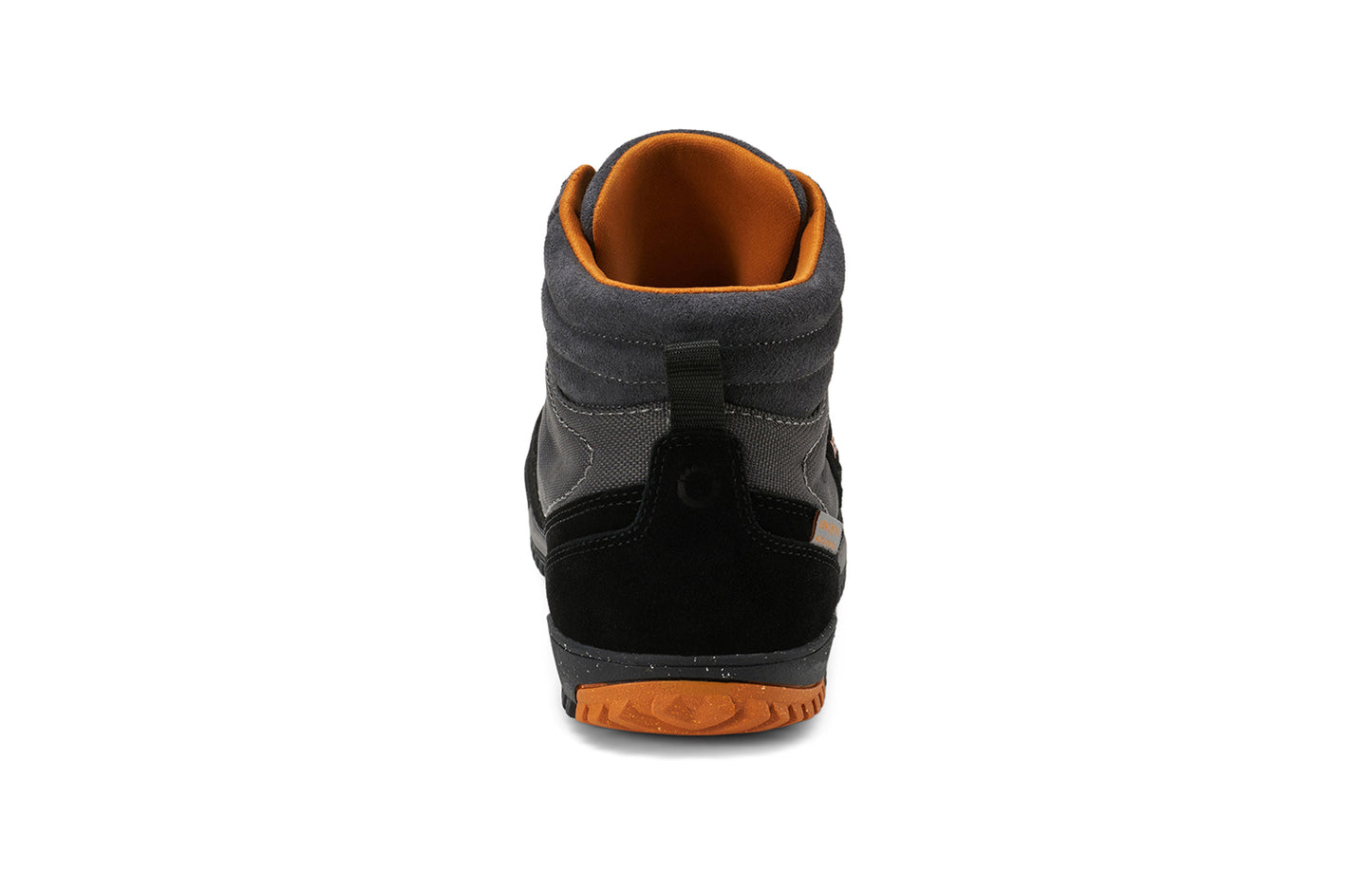 Xero Barefoot Shoes sold in Ontario, Canada. These minimalist shoes have flexible soles, wide toe boxes, and zero drop. Back view of Xero Men's Ridgeway in Black/Asphalt. Retro-Inspired waterproof hiker.