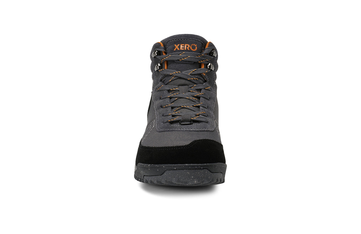 Xero Barefoot Shoes sold in Ontario, Canada. These minimalist shoes have flexible soles, wide toe boxes, and zero drop. Front view of Xero Men's Ridgeway in Black/Asphalt. Retro-Inspired waterproof hiker.