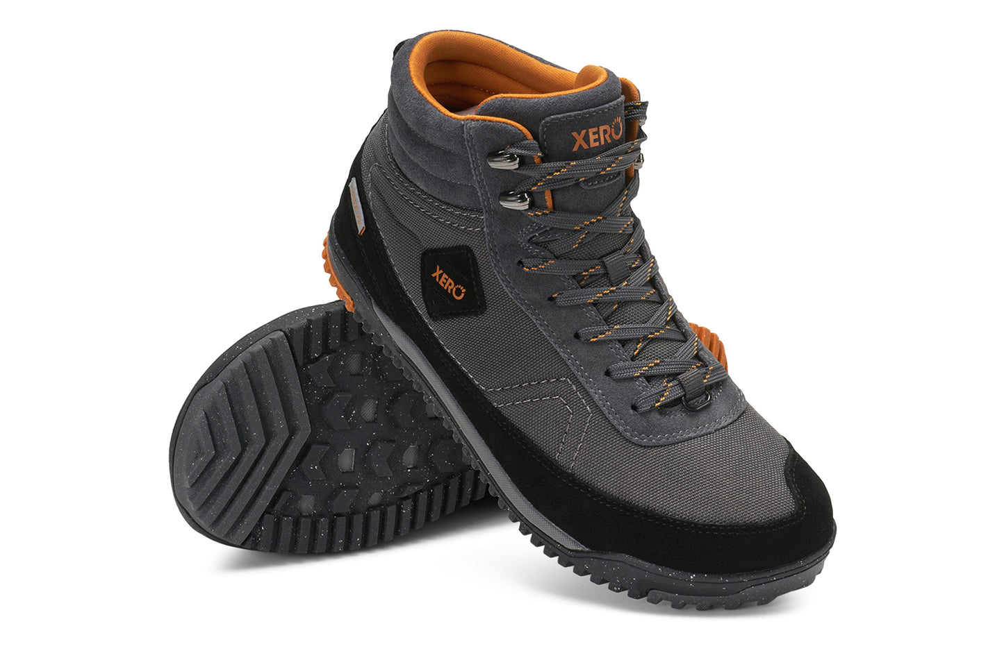 Xero Barefoot Shoes sold in Ontario, Canada. These minimalist shoes have flexible soles, wide toe boxes, and zero drop. Angled pair view of Xero Men's Ridgeway in Black/Asphalt. Retro-Inspired waterproof hiker.