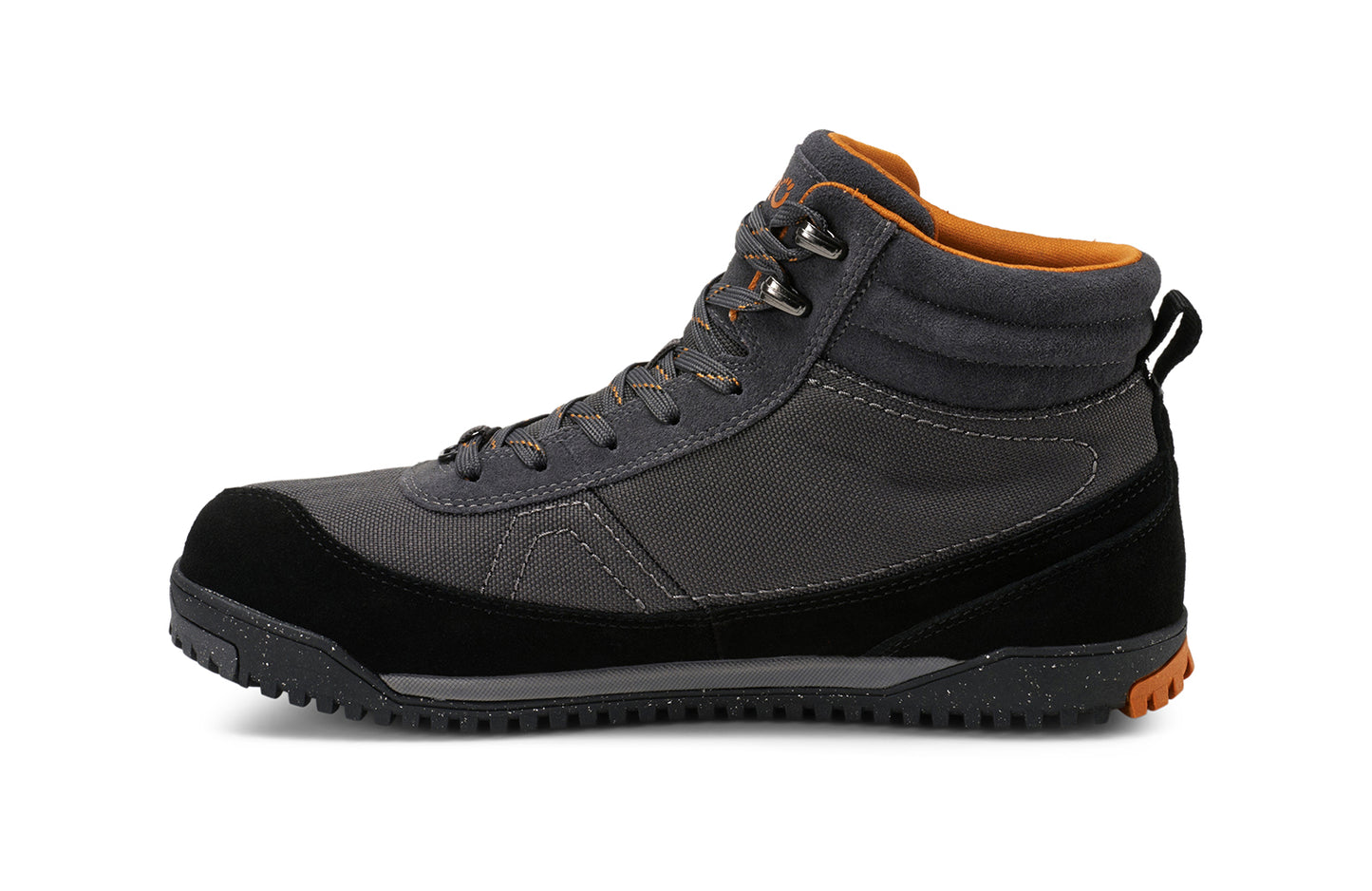 Xero Barefoot Shoes sold in Ontario, Canada. These minimalist shoes have flexible soles, wide toe boxes, and zero drop. Medial side view of Xero Men's Ridgeway in Black/Asphalt. Retro-Inspired waterproof hiker.
