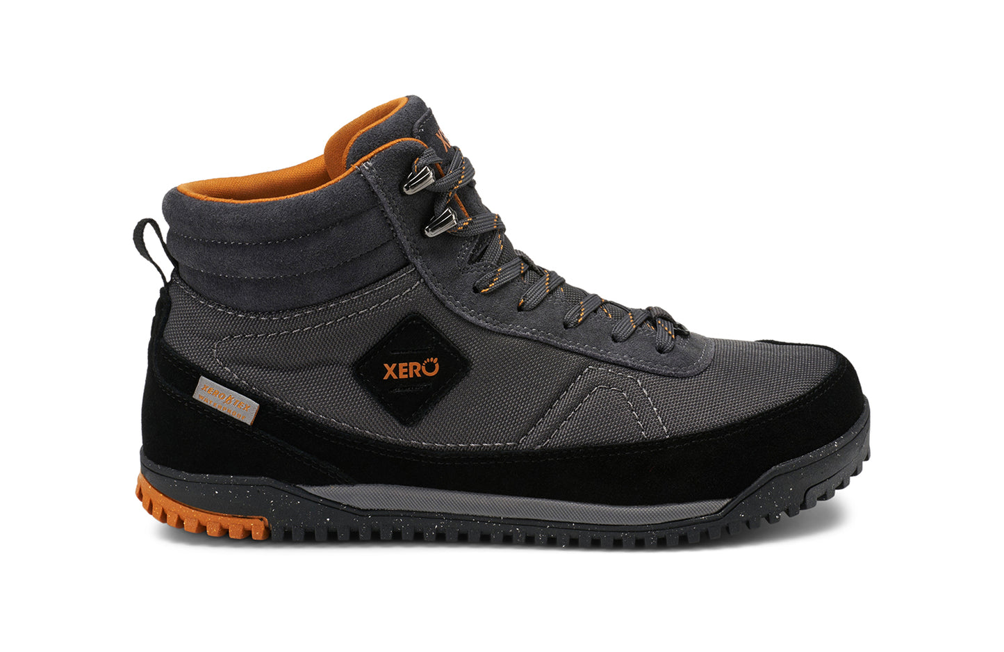 Xero Barefoot Shoes sold in Ontario, Canada. These minimalist shoes have flexible soles, wide toe boxes, and zero drop. Lateral side view of Xero Men's Ridgeway in Black/Asphalt. Retro-Inspired waterproof hiker.