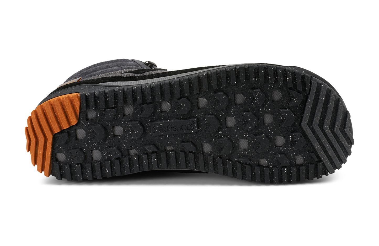 Xero Barefoot Shoes sold in Ontario, Canada. These minimalist shoes have flexible soles, wide toe boxes, and zero drop. Sole view of Xero Men's Ridgeway in Black/Asphalt. Retro-Inspired waterproof hiker.