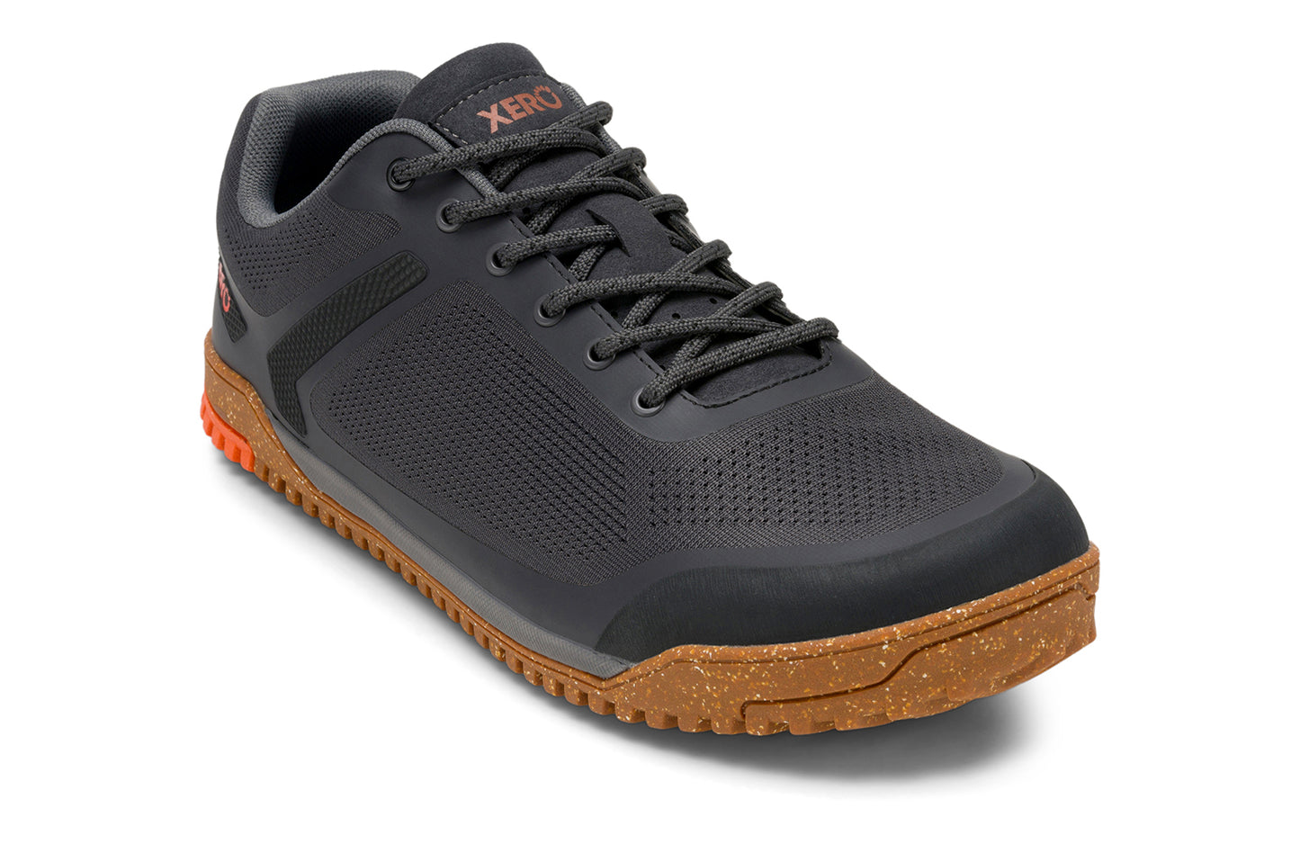 Xero Barefoot Shoes sold in Ontario, Canada. These minimalist shoes have flexible soles, wide toe boxes, and zero drop. Angled view of Xero Men's Ridgeway Mesh Low in Faded Black, a multipurpose hiker.