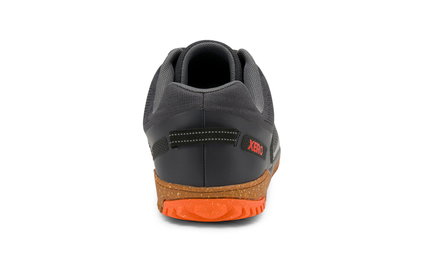 Xero Barefoot Shoes sold in Ontario, Canada. These minimalist shoes have flexible soles, wide toe boxes, and zero drop. Back view of Xero Men's Ridgeway Mesh Low in Faded Black, a multipurpose hiker.