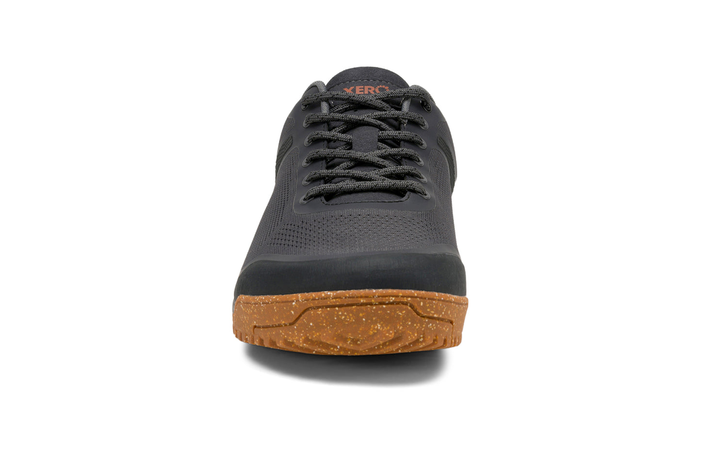 Xero Barefoot Shoes sold in Ontario, Canada. These minimalist shoes have flexible soles, wide toe boxes, and zero drop. Front view of Xero Men's Ridgeway Mesh Low in Faded Black, a multipurpose hiker.