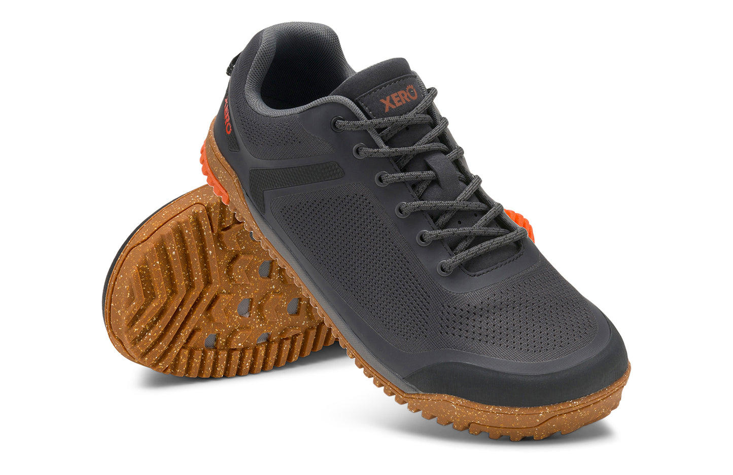 Xero Barefoot Shoes sold in Ontario, Canada. These minimalist shoes have flexible soles, wide toe boxes, and zero drop. Angled pair view of Xero Men's Ridgeway Mesh Low in Faded Black, a multipurpose hiker.