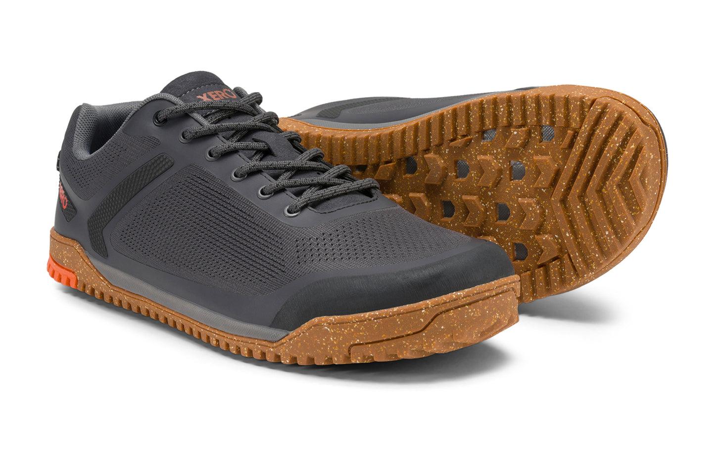 Xero Barefoot Shoes sold in Ontario, Canada. These minimalist shoes have flexible soles, wide toe boxes, and zero drop. Pair view of Xero Men's Ridgeway Mesh Low in Faded Black, a multipurpose hiker.