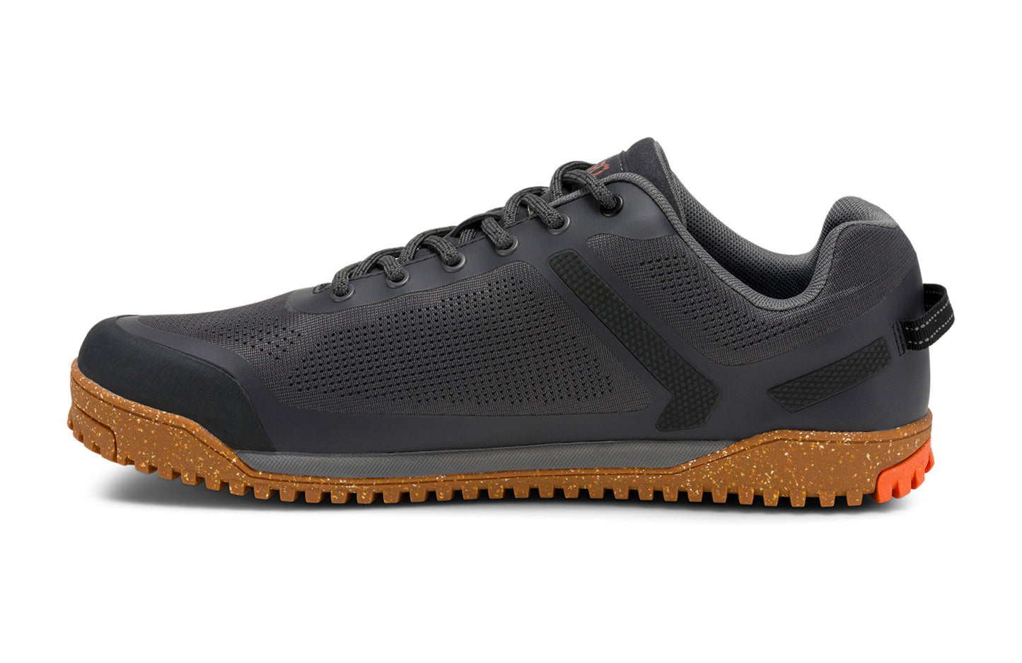 Xero Barefoot Shoes sold in Ontario, Canada. These minimalist shoes have flexible soles, wide toe boxes, and zero drop. Lateral view of Xero Men's Ridgeway Mesh Low in Faded Black, a multipurpose hiker.