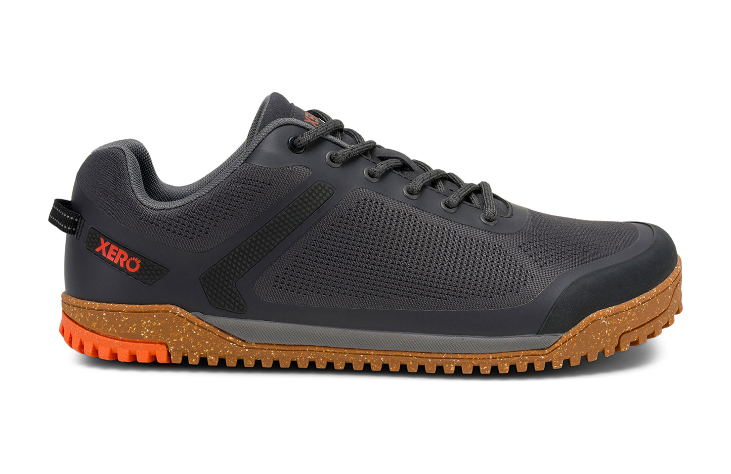 Xero Barefoot Shoes sold in Ontario, Canada. These minimalist shoes have flexible soles, wide toe boxes, and zero drop. Lateral side view of Xero Men's Ridgeway Mesh Low in Faded Black, a multipurpose hiker.