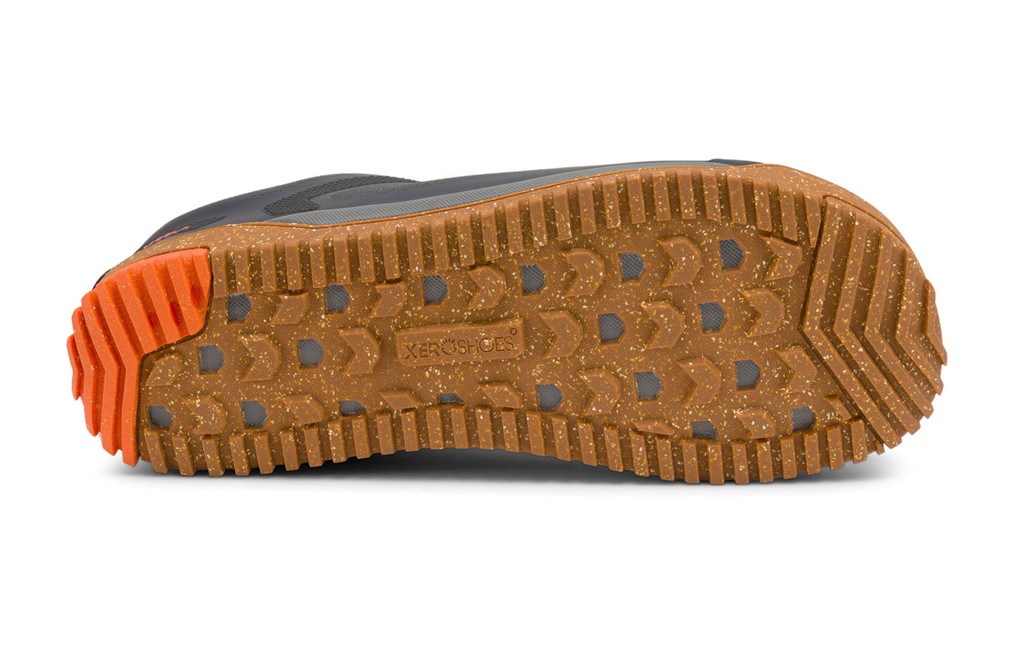Xero Barefoot Shoes sold in Ontario, Canada. These minimalist shoes have flexible soles, wide toe boxes, and zero drop. Sole view of Xero Men's Ridgeway Mesh Low in Faded Black, a multipurpose hiker.