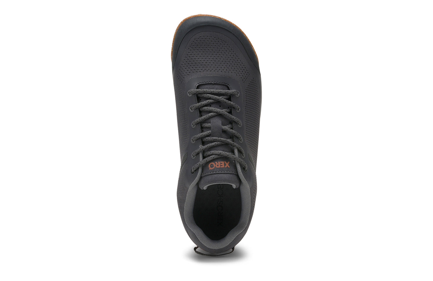 Xero Barefoot Shoes sold in Ontario, Canada. These minimalist shoes have flexible soles, wide toe boxes, and zero drop. Top view of Xero Men's Ridgeway Mesh Low in Faded Black, a multipurpose hiker.