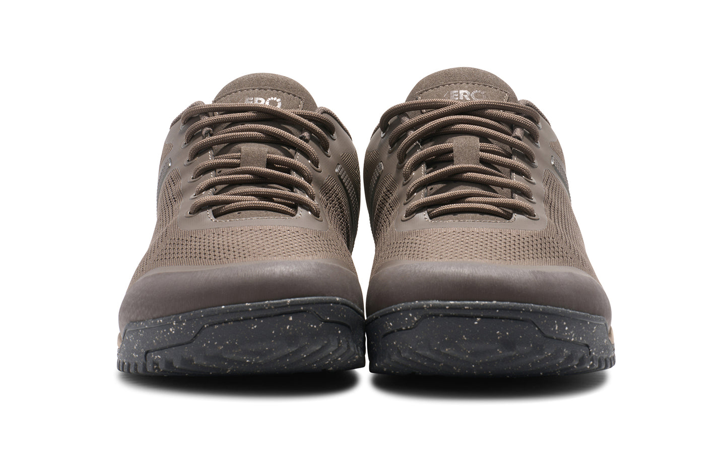 Xero Barefoot Shoes sold in Ontario, Canada. These minimalist shoes have flexible soles, wide toe boxes, and zero drop. Front view of Xero Men's Ridgeway Mesh Low in Morel, a multipurpose hiker.