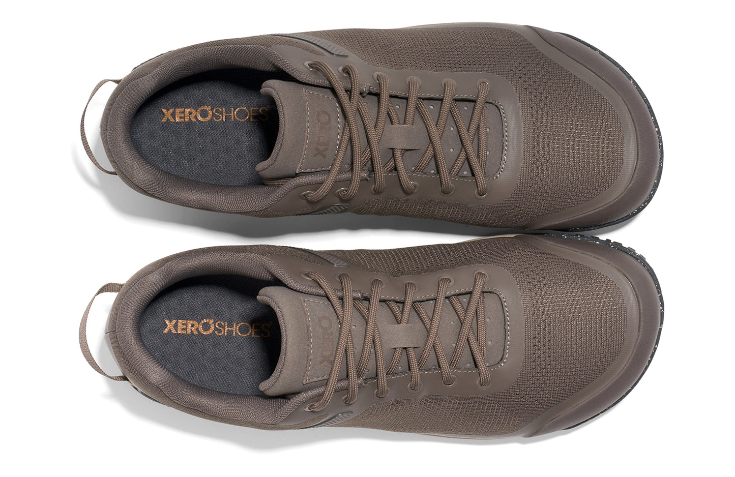 Xero Barefoot Shoes sold in Ontario, Canada. These minimalist shoes have flexible soles, wide toe boxes, and zero drop. Top view of Xero Men's Ridgeway Mesh Low in Morel, a multipurpose hiker.