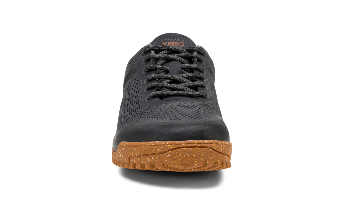 Xero Barefoot Shoes sold in Ontario, Canada. These minimalist shoes have flexible soles, wide toe boxes, and zero drop. Front view of Xero Women's Ridgeway Mesh Low in Faded Black, a multipurpose hiker.