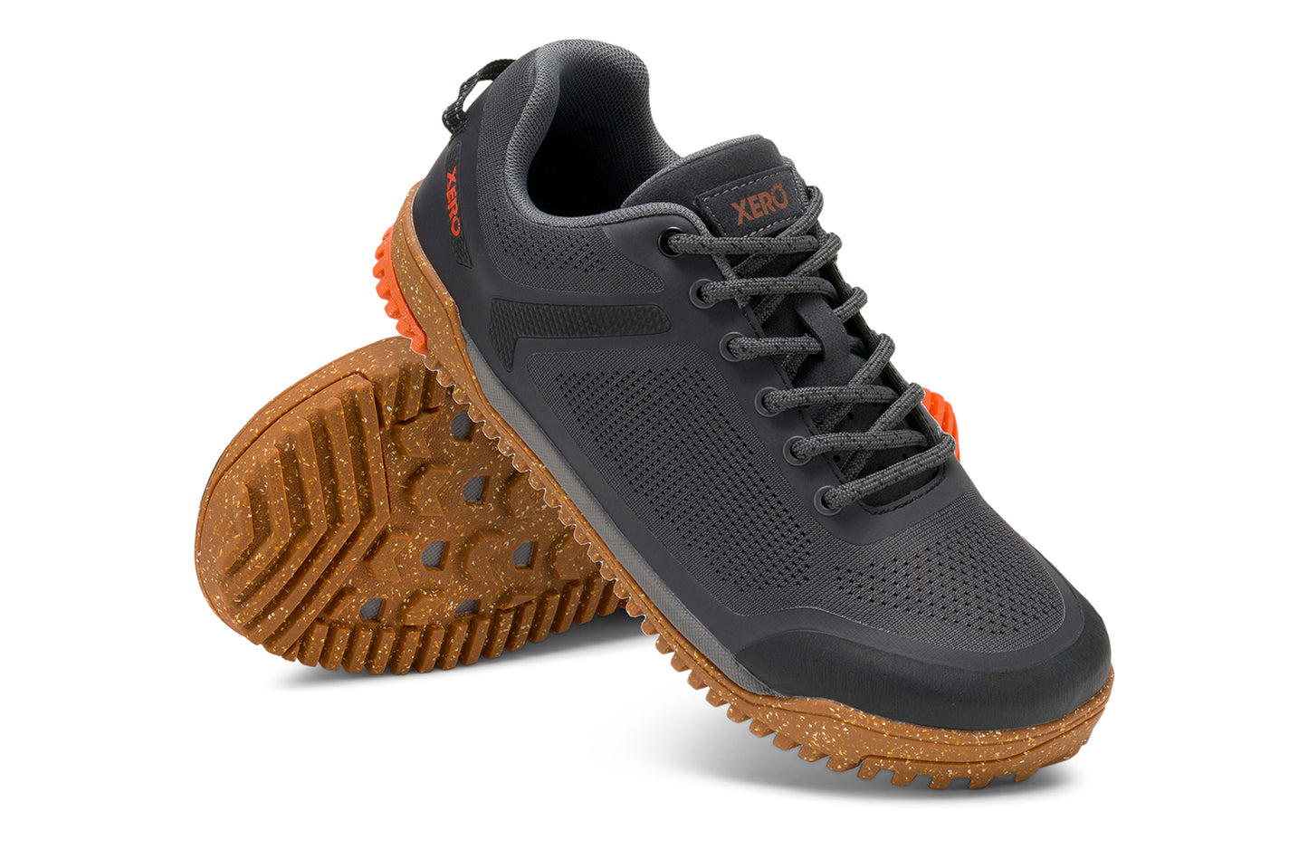 Xero Barefoot Shoes sold in Ontario, Canada. These minimalist shoes have flexible soles, wide toe boxes, and zero drop. Angled pair view of Xero Women's Ridgeway Mesh Low in Faded Black, a multipurpose hiker.