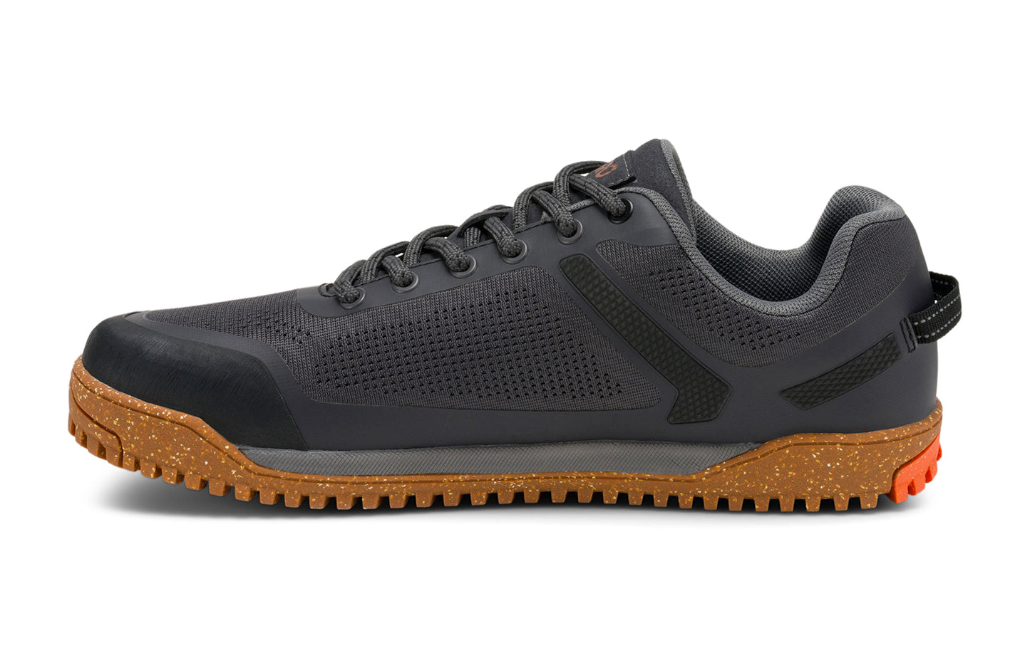 Xero Barefoot Shoes sold in Ontario, Canada. These minimalist shoes have flexible soles, wide toe boxes, and zero drop. Lateral side view of Xero Women's Ridgeway Mesh Low in Faded Black, a multipurpose hiker.