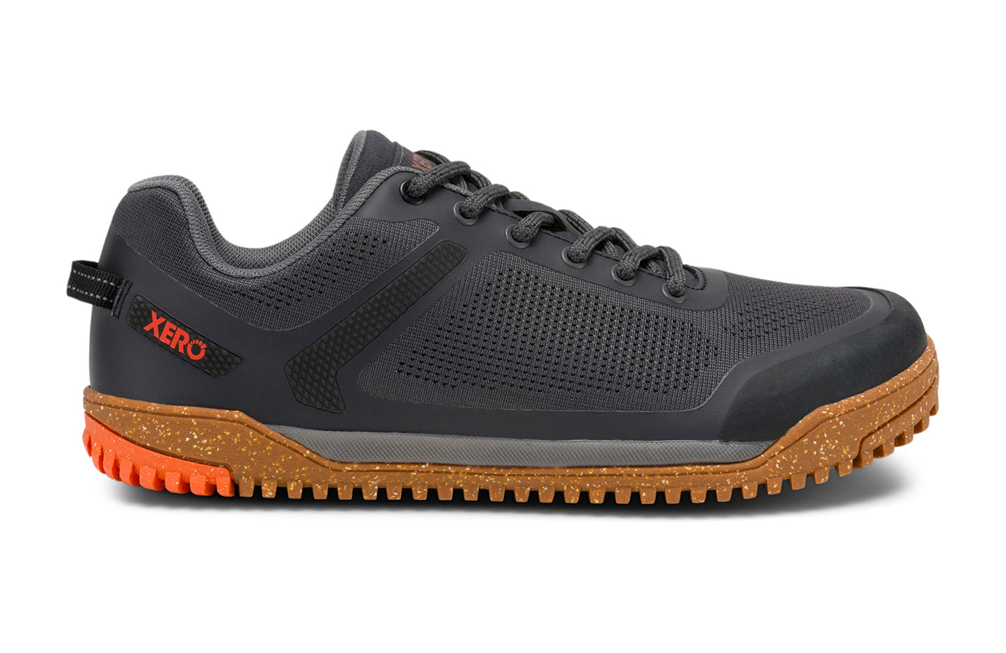 Xero Barefoot Shoes sold in Ontario, Canada. These minimalist shoes have flexible soles, wide toe boxes, and zero drop. Lateral side view of Xero Women's Ridgeway Mesh Low in Faded Black, a multipurpose hiker.