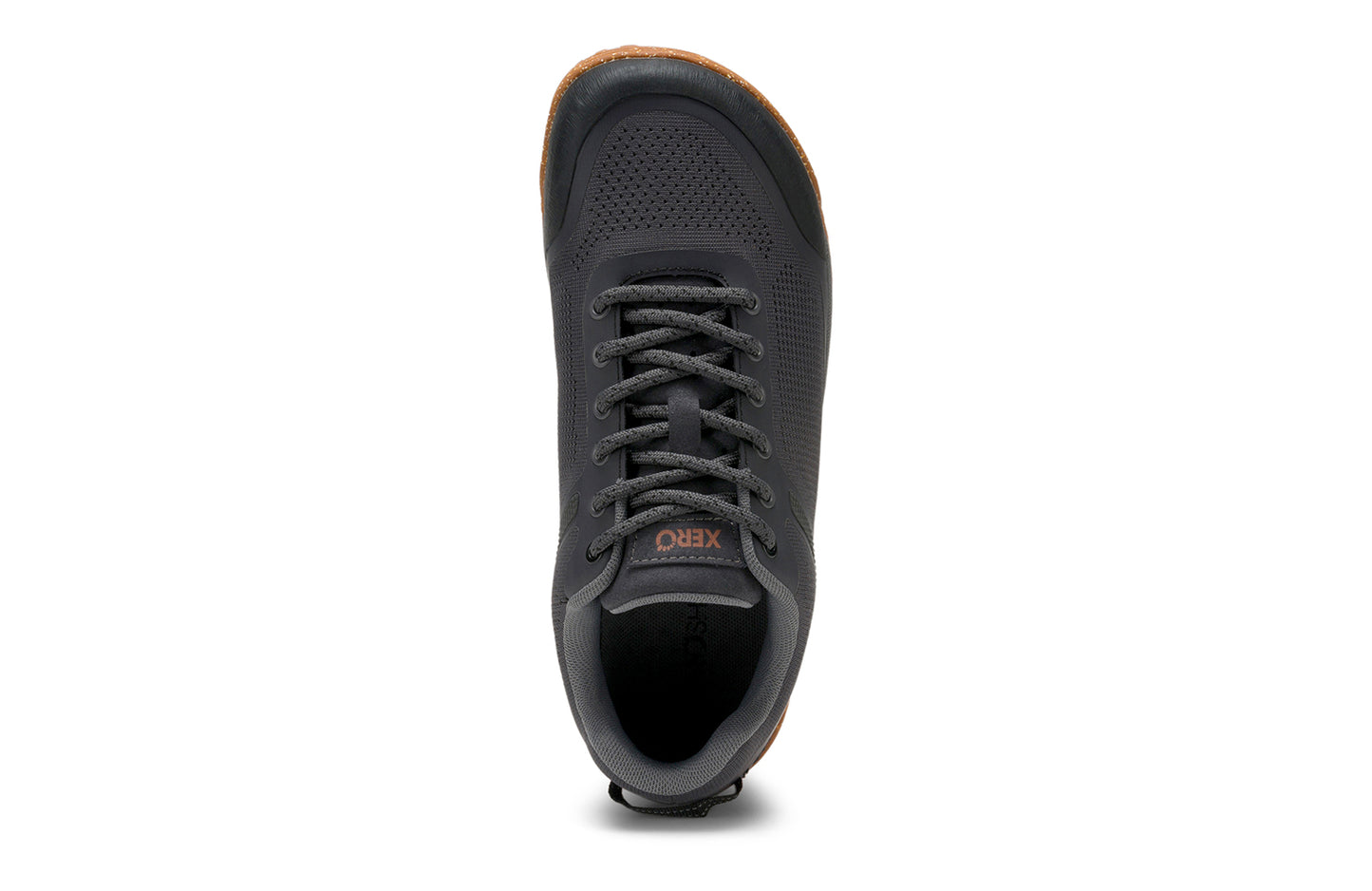 Xero Barefoot Shoes sold in Ontario, Canada. These minimalist shoes have flexible soles, wide toe boxes, and zero drop. Top view of Xero Women's Ridgeway Mesh Low in Faded Black, a multipurpose hiker.