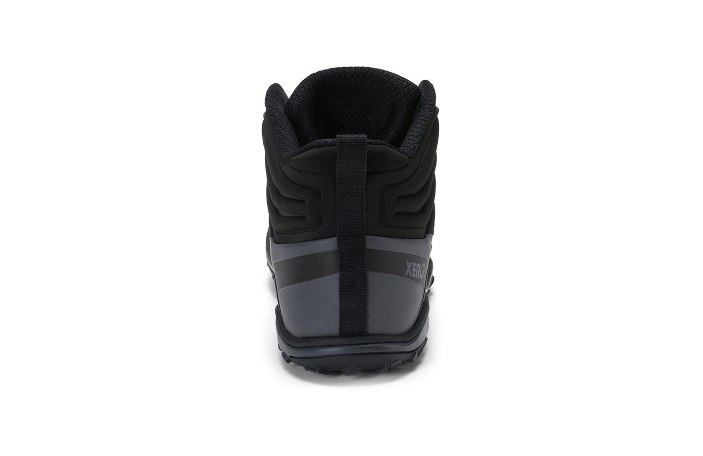 Xero Barefoot Shoes sold in Ontario, Canada. These minimalist shoes have flexible soles, wide toe boxes, and zero drop. Back view of Xero Men's Scrambler Mid II WP in Black/Asphalt, a lightweight waterproof hiking shoe.