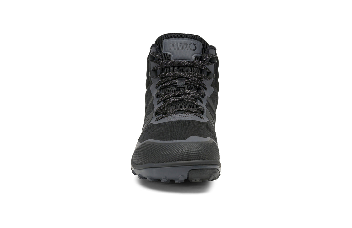 Xero Barefoot Shoes sold in Ontario, Canada. These minimalist shoes have flexible soles, wide toe boxes, and zero drop. Front view of Xero Men's Scrambler Mid II WP in Black/Asphalt, a lightweight waterproof hiking shoe.