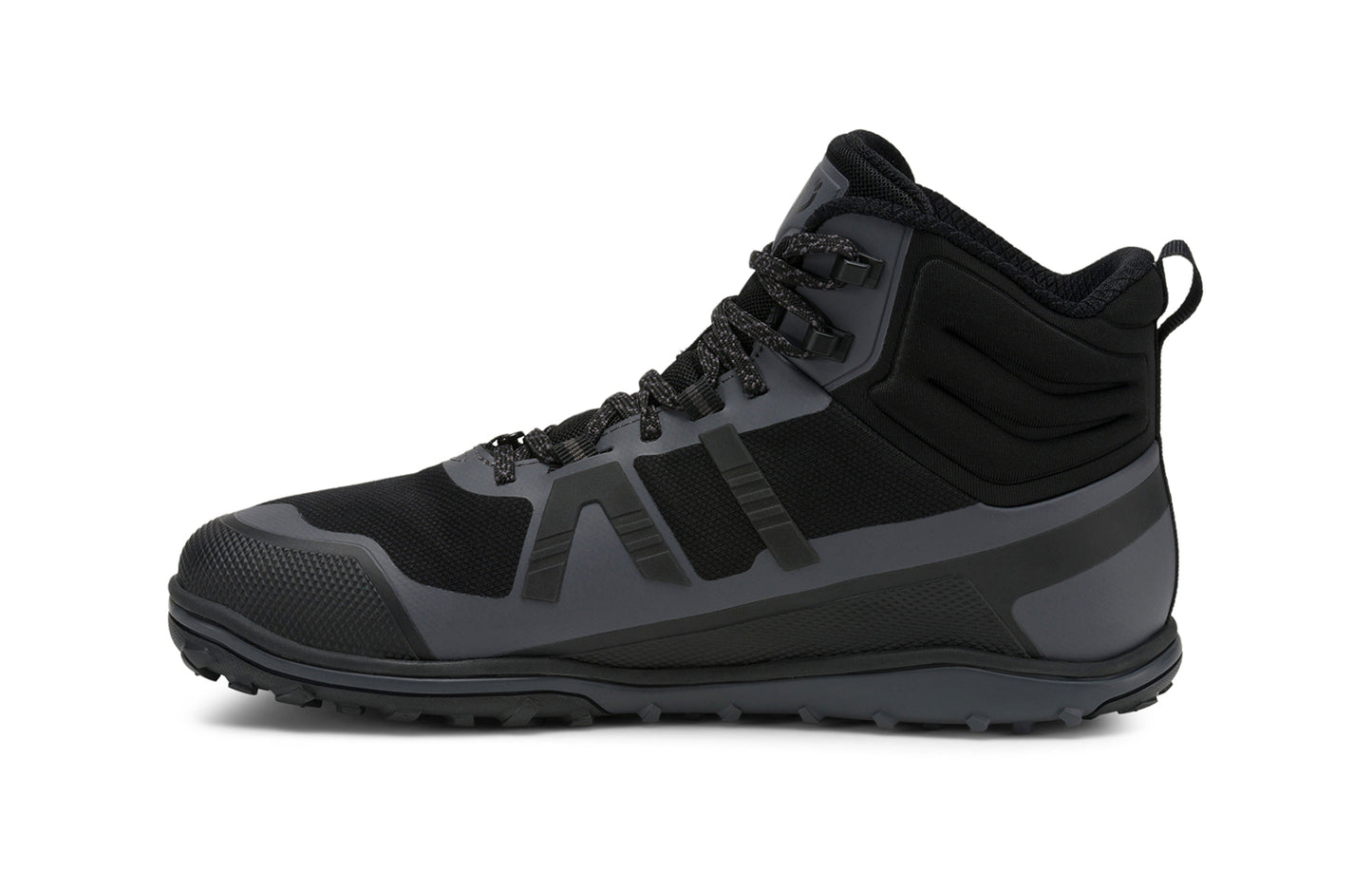 Xero Barefoot Shoes sold in Ontario, Canada. These minimalist shoes have flexible soles, wide toe boxes, and zero drop. Side view of Xero Men's Scrambler Mid II WP in Black/Asphalt, a lightweight waterproof hiking shoe.
