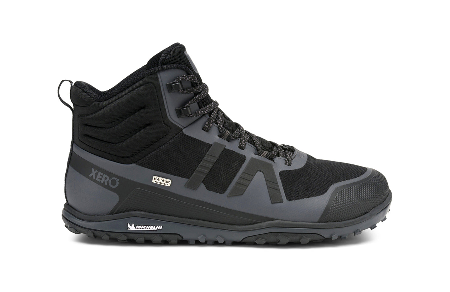 Xero Barefoot Shoes sold in Ontario, Canada. These minimalist shoes have flexible soles, wide toe boxes, and zero drop. Lateral side view of Xero Men's Scrambler Mid II WP in Black/Asphalt, a lightweight waterproof hiking shoe.