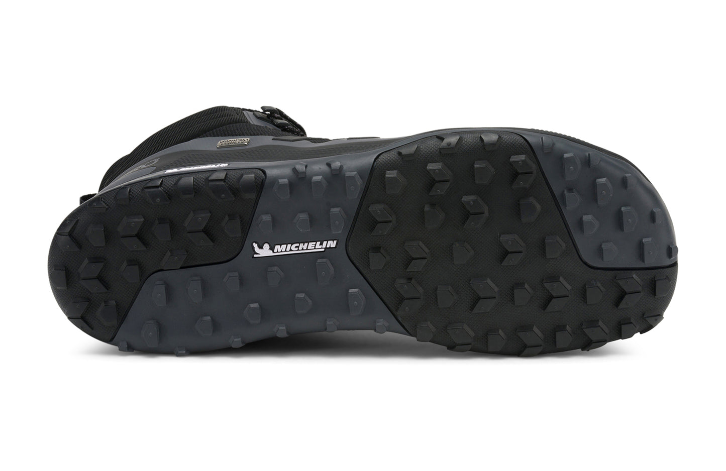 Xero Barefoot Shoes sold in Ontario, Canada. These minimalist shoes have flexible soles, wide toe boxes, and zero drop. Sole view of Xero Men's Scrambler Mid II WP in Black/Asphalt, a lightweight waterproof hiking shoe.