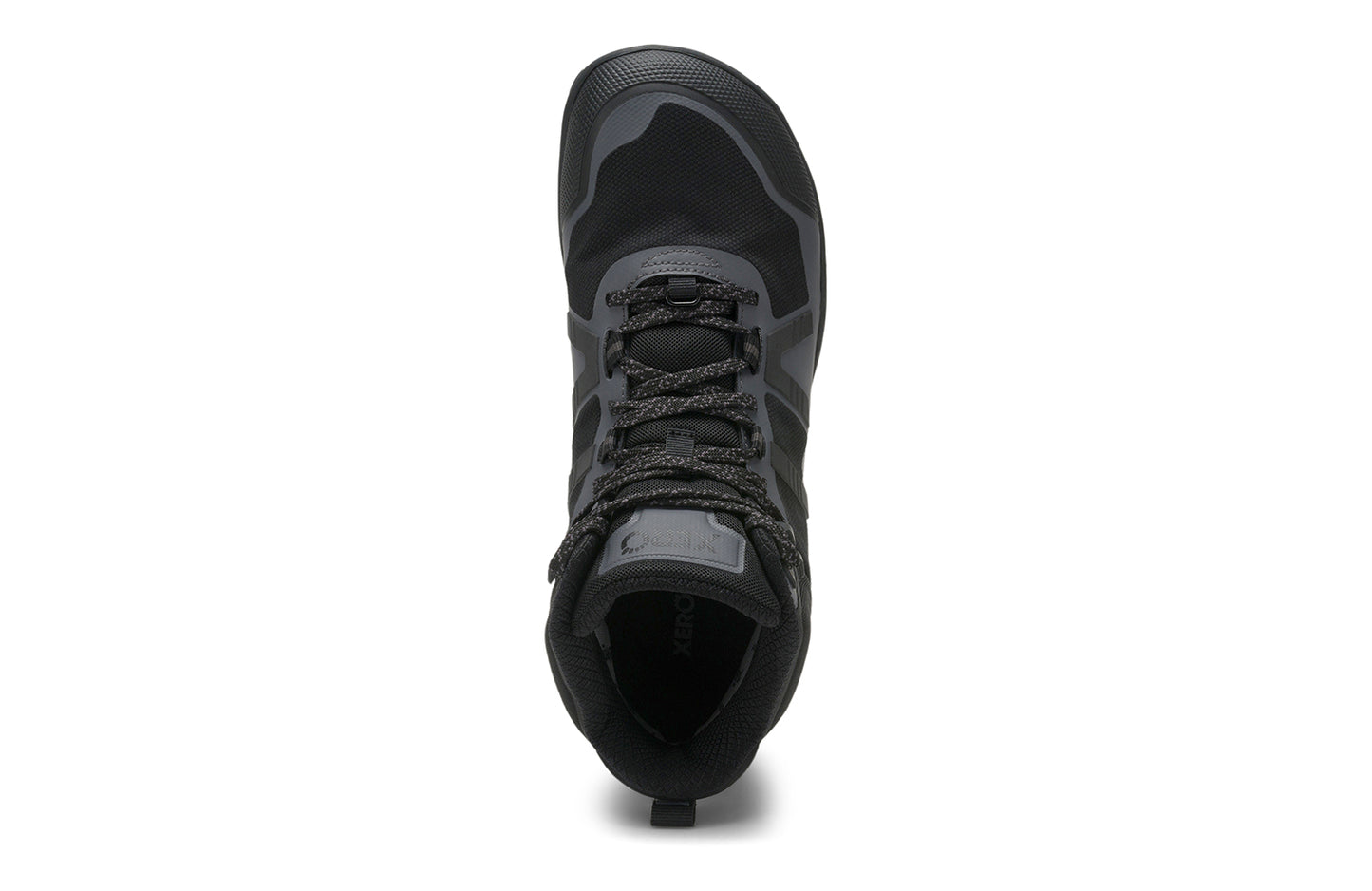 Xero Barefoot Shoes sold in Ontario, Canada. These minimalist shoes have flexible soles, wide toe boxes, and zero drop. Top view of Xero Men's Scrambler Mid II WP in Black/Asphalt, a lightweight waterproof hiking shoe.