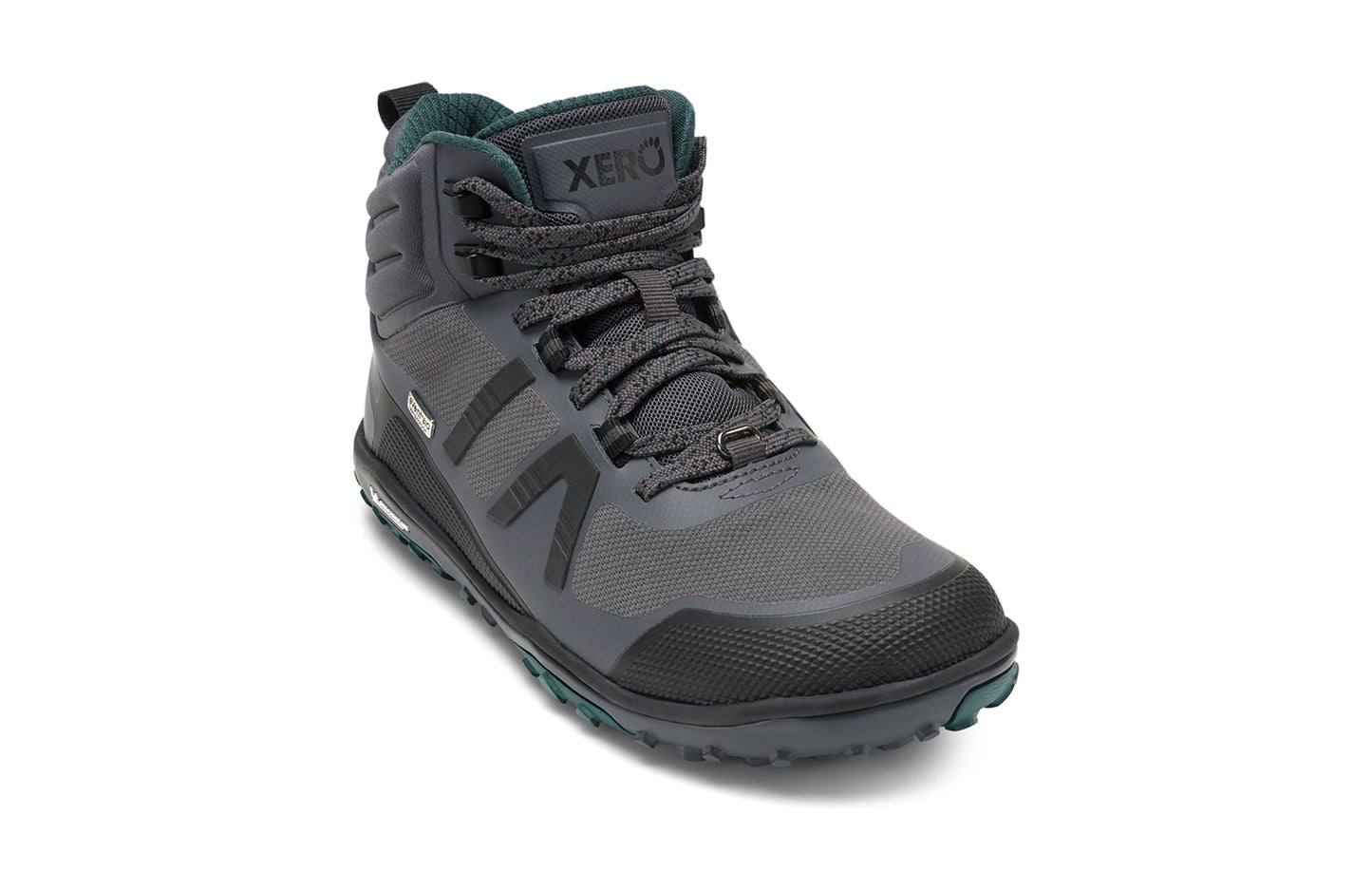 Xero Barefoot Shoes sold in Ontario, Canada. These minimalist shoes have flexible soles, wide toe boxes, and zero drop. Angled view of Xero Women's Scrambler Mid II WP in Asphalt/Sea Moss, a lightweight waterproof hiking shoe.