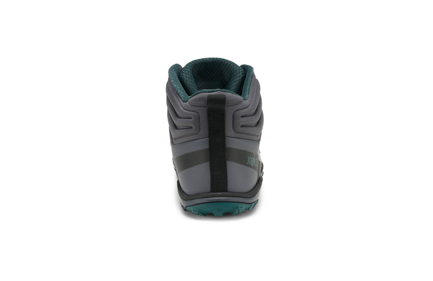 Xero Barefoot Shoes sold in Ontario, Canada. These minimalist shoes have flexible soles, wide toe boxes, and zero drop. Back view of Xero Women's Scrambler Mid II WP in Asphalt/Sea Moss, a lightweight waterproof hiking shoe.