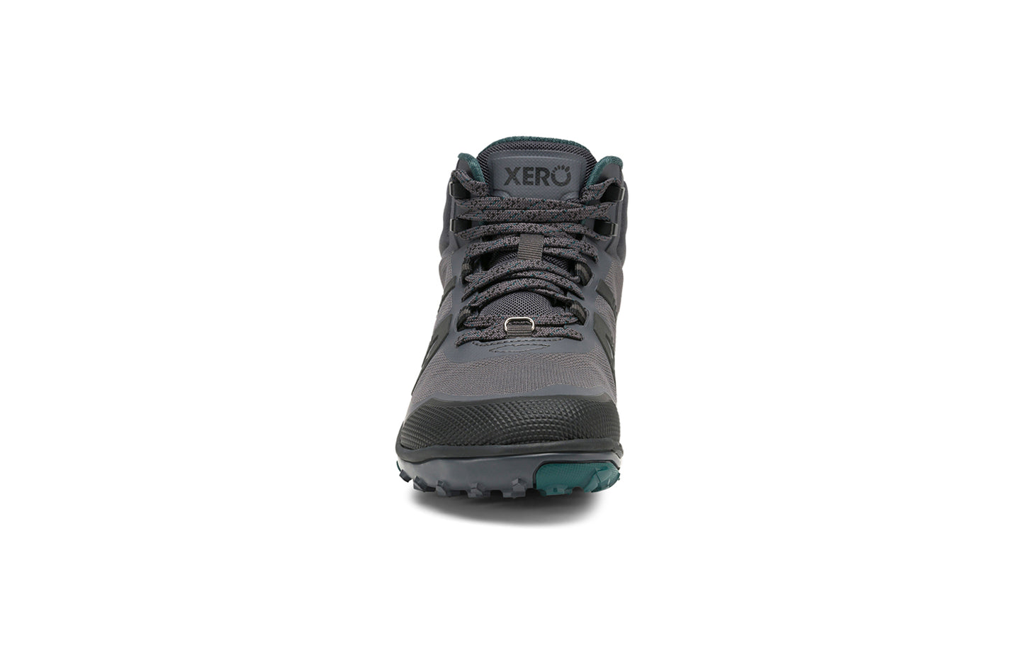 Xero Barefoot Shoes sold in Ontario, Canada. These minimalist shoes have flexible soles, wide toe boxes, and zero drop. Front view of Xero Women's Scrambler Mid II WP in Asphalt/Sea Moss, a lightweight waterproof hiking shoe.