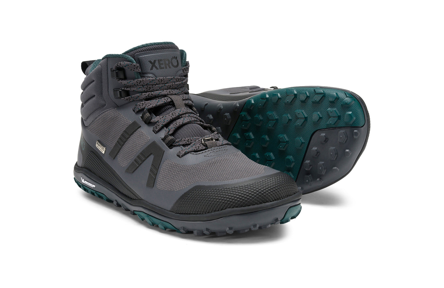 Xero Barefoot Shoes sold in Ontario, Canada. These minimalist shoes have flexible soles, wide toe boxes, and zero drop. Pair view of Xero Women's Scrambler Mid II WP in Asphalt/Sea Moss, a lightweight waterproof hiking shoe.