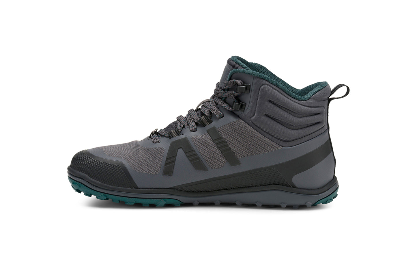 Xero Barefoot Shoes sold in Ontario, Canada. These minimalist shoes have flexible soles, wide toe boxes, and zero drop. Side view of Xero Women's Scrambler Mid II WP in Asphalt/Sea Moss, a lightweight waterproof hiking shoe.