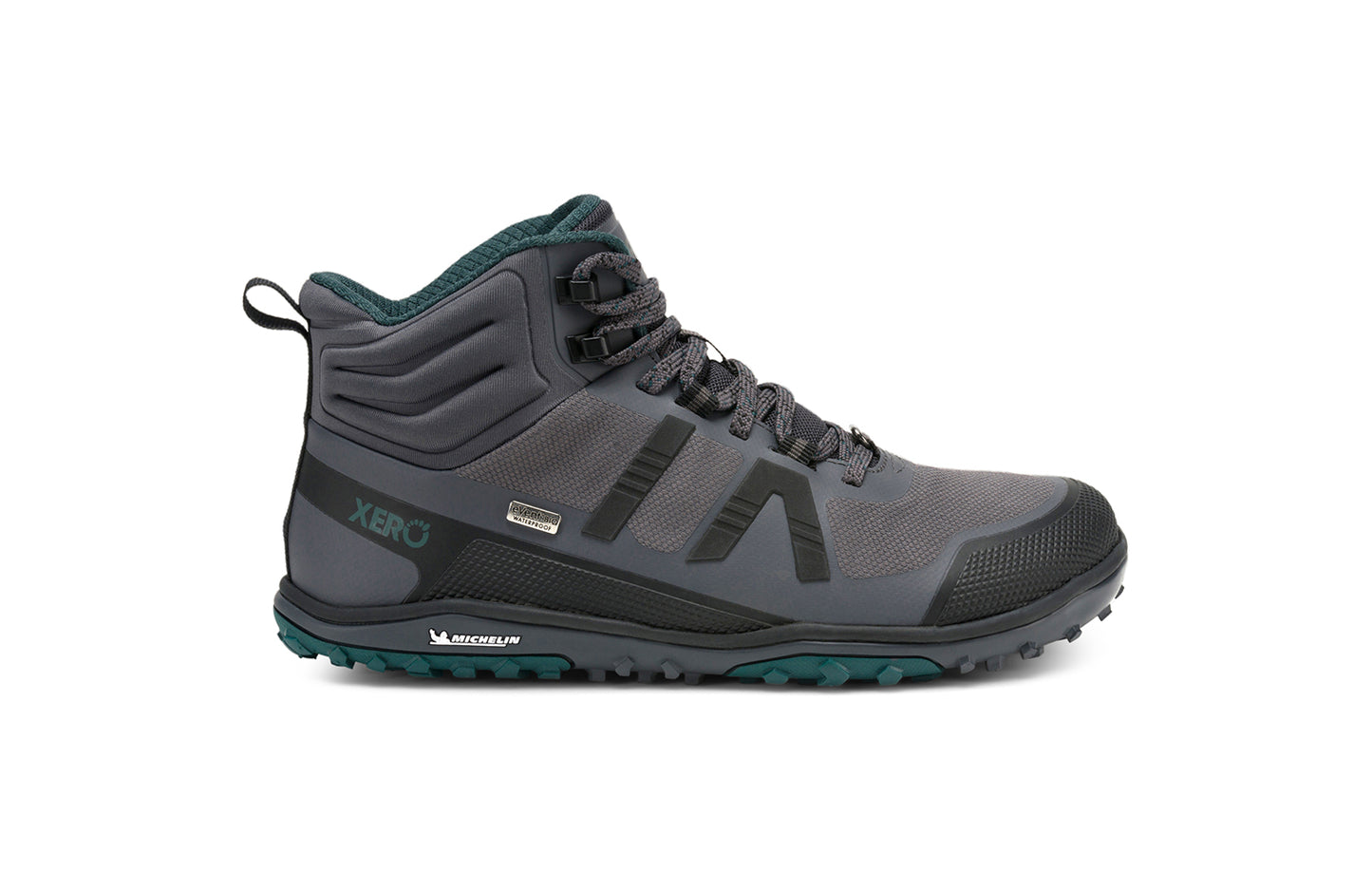 Xero Barefoot Shoes sold in Ontario, Canada. These minimalist shoes have flexible soles, wide toe boxes, and zero drop. Lateral side view of Xero Women's Scrambler Mid II WP in Asphalt/Sea Moss, a lightweight waterproof hiking shoe.