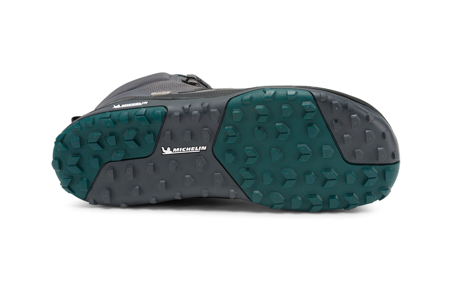 Xero Barefoot Shoes sold in Ontario, Canada. These minimalist shoes have flexible soles, wide toe boxes, and zero drop. Sole view of Xero Women's Scrambler Mid II WP in Asphalt/Sea Moss, a lightweight waterproof hiking shoe.