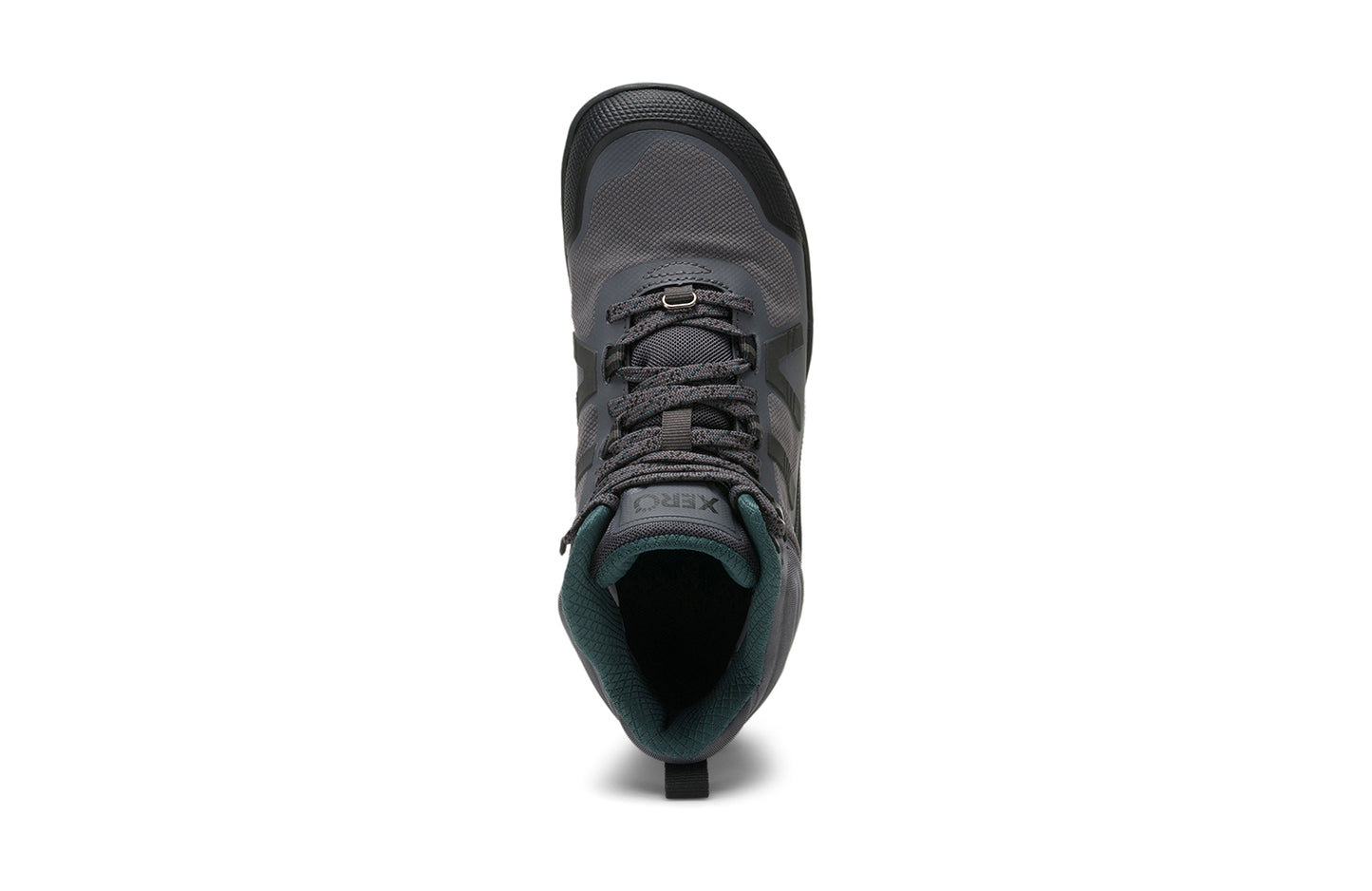 Xero Barefoot Shoes sold in Ontario, Canada. These minimalist shoes have flexible soles, wide toe boxes, and zero drop. Top view of Xero Women's Scrambler Mid II WP in Asphalt/Sea Moss, a lightweight waterproof hiking shoe.