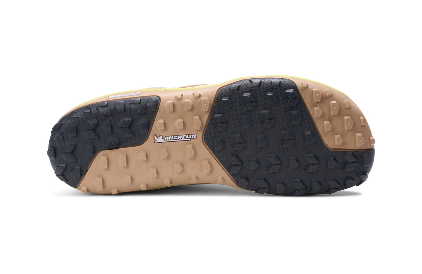 Xero Barefoot Shoes sold in Ontario, Canada. These minimalist shoes have flexible soles, wide toe boxes, and zero drop. Sole view of Xero Women's Scrambler Low EV in Irish Cream/Sunny Lime a lightweight high-performance trail runner