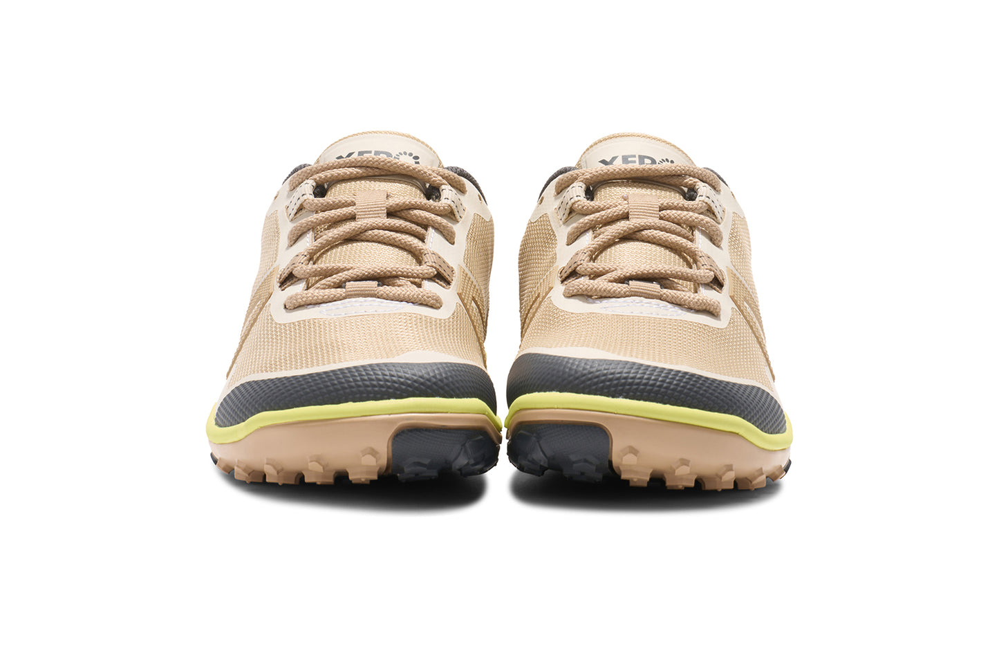 Xero Barefoot Shoes sold in Ontario, Canada. These minimalist shoes have flexible soles, wide toe boxes, and zero drop. Front view of Xero Women's Scrambler Low EV in Irish Cream/Sunny Lime a lightweight high-performance trail runner