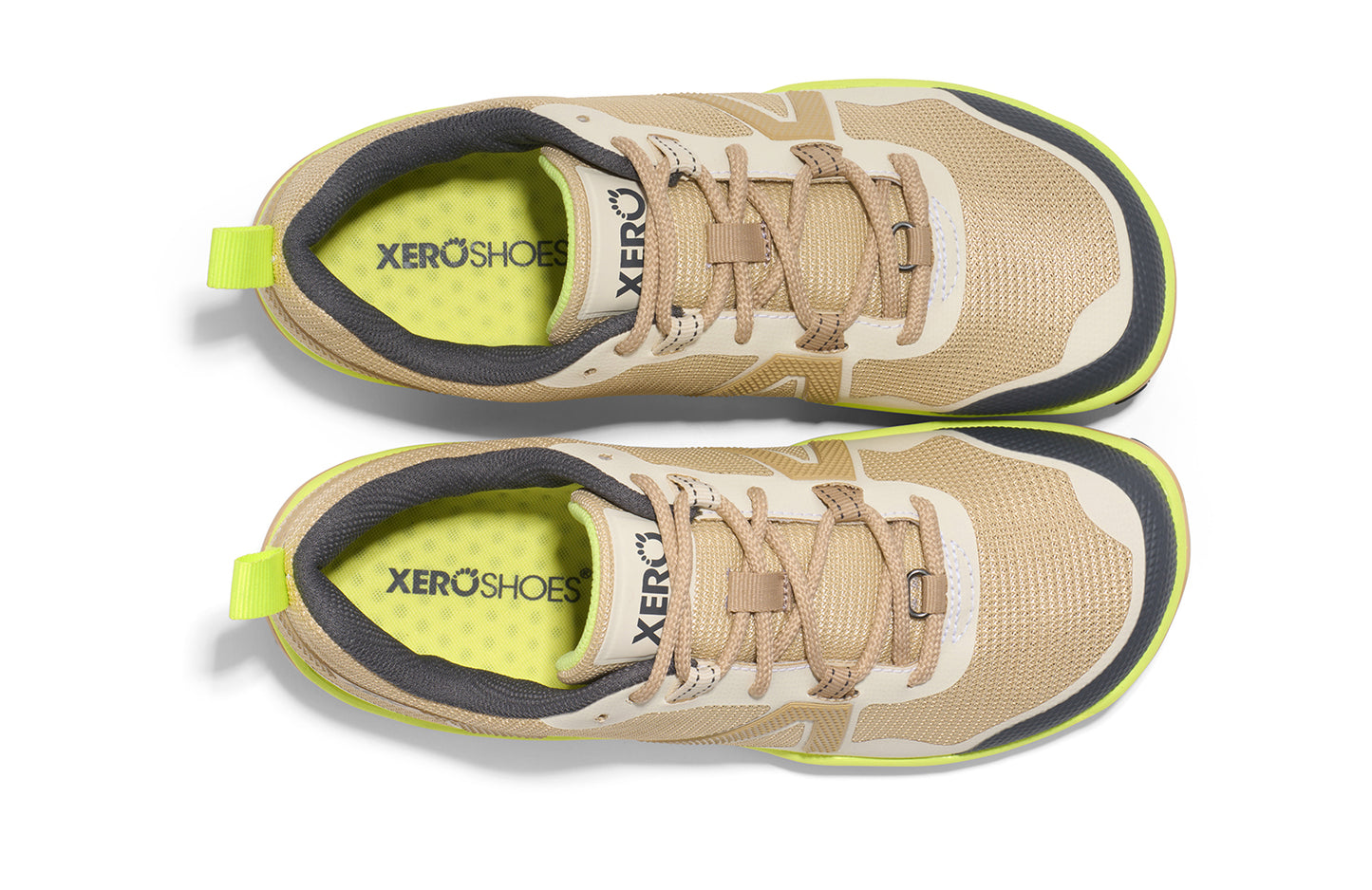 Xero Barefoot Shoes sold in Ontario, Canada. These minimalist shoes have flexible soles, wide toe boxes, and zero drop. Top view of Xero Women's Scrambler Low EV in Irish Cream/Sunny Lime a lightweight high-performance trail runner